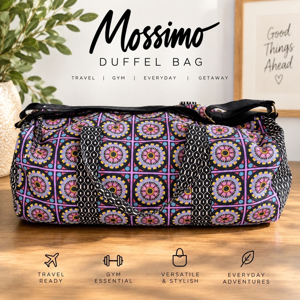 Mossimo Duffel Bag Geometric Mandala Print Canvas Weekend Travel Gym Bag Purple
